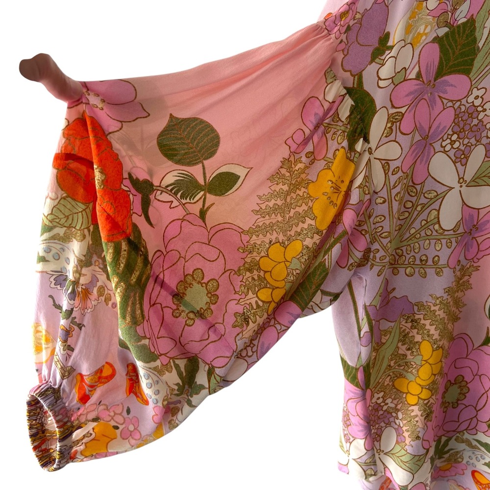 Camilla Kiss & Tell Curved Collar Blouse M Silk Crystal Floral Blouson Sleeve - Picture 5 of 11